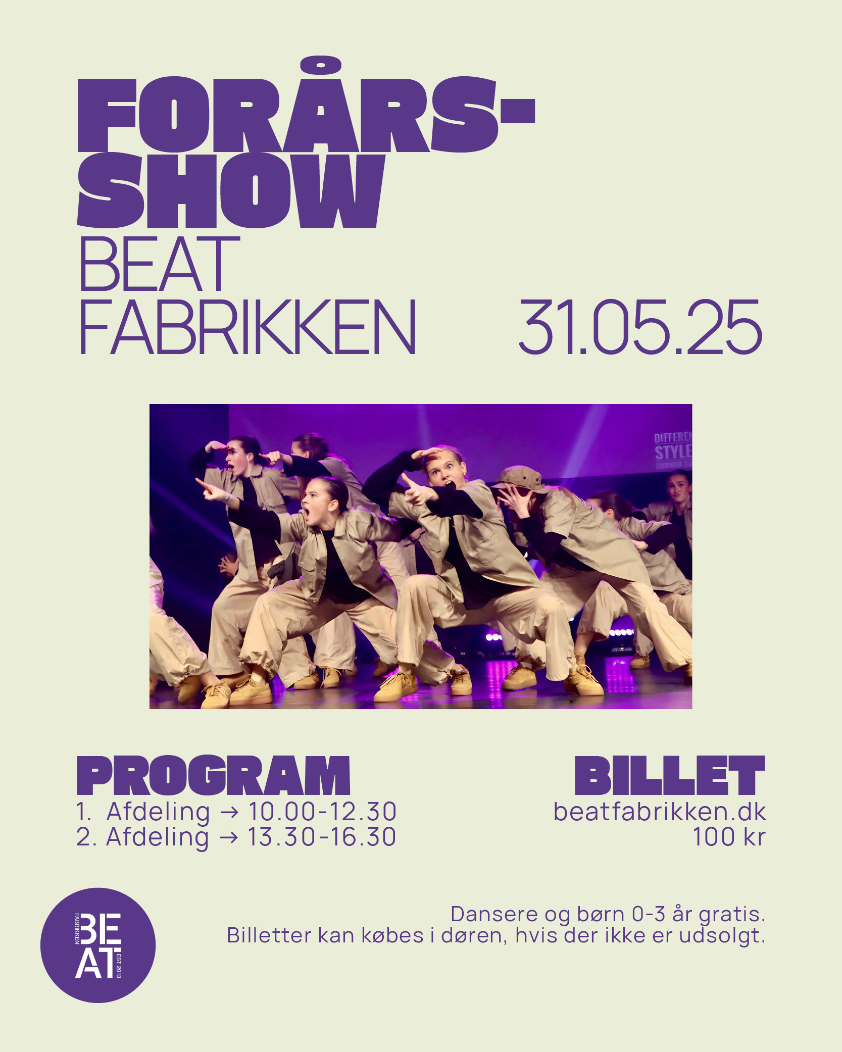 Invitation til forårsshow 2025 ved danseskolen BEAT FABRIKKEN