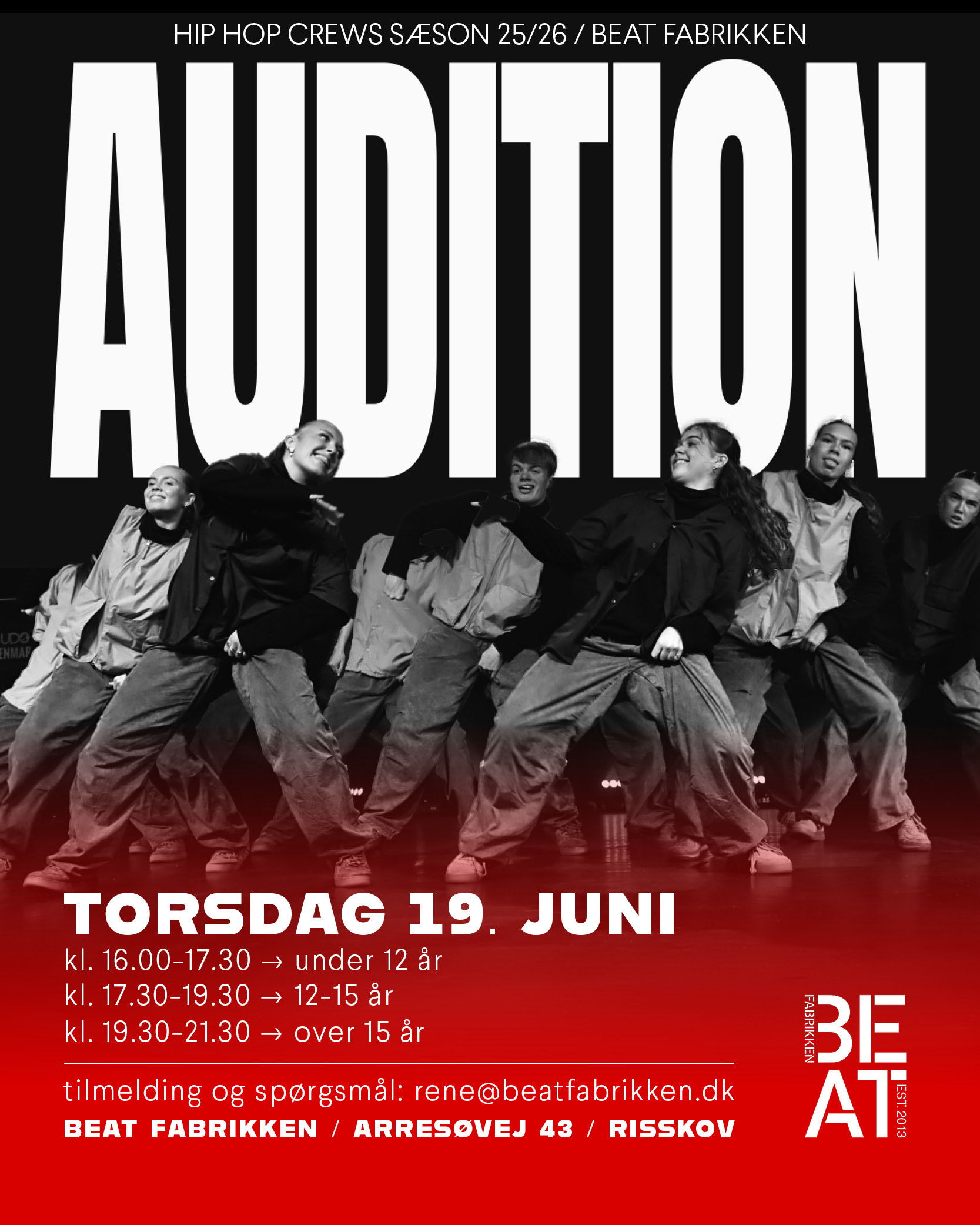 Audition til hiphop elitehold den 19. juni 2025 på danseskolen BEAT FABRIKKEN